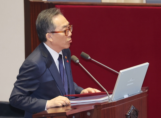 South Korean Foreign Minister Cho Tae-yul speeches during an emergency parliamentary hearing held at the National Assembly on Wednesday afternoon. (Yonhap)