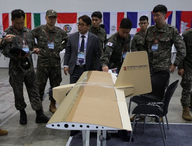 A paper drone is displayed at an exhibition held in Goyang, a city in Gyeonggi Province north of Seoul, on Sept. 25. (Yonhap)