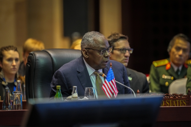 US Defence Secretary Lloyd Austin speaks during the ASEAN Defence Ministers' Meeting in Vientiane, Laos, on Nov. 21. (AP-Yonhap)