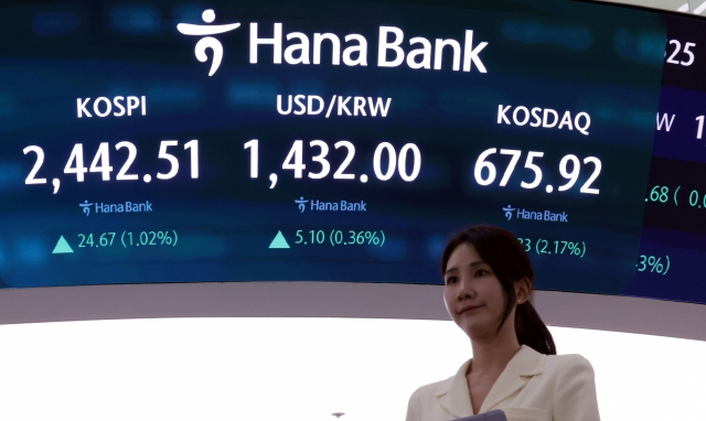 An electronic board showing the Korea Composite Stock Price Index at a dealing room of the Hana Bank headquarters in Seoul on Wednesday. (Yonhap)