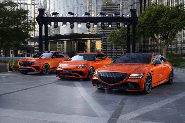 From left, the GV80 Coupe Concept, GV60 Magma Concept and G80 EV Magma Concept are displayed at the Genesis Motorsports Premier event held at the Armani Hotel in Dubai, UAE, on Wednesday (local time).