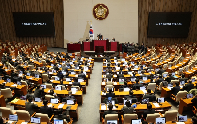 National Assembly Speaker Woo Won-shik declares the scrapping of an impeachment motion against President Yoon Suk Yeol due to a lack of quorum during a plenary session at the National Assembly in Seoul on Saturday. (Yonhap)